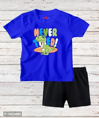 Stylish Cotton Royal Blue Printed Round Neck Short Sleeves T-shirt With Shorts For Boys