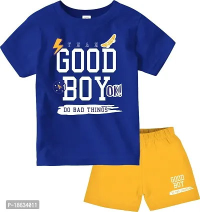 Stylish Cotton Royal Blue Printed Round Neck Short Sleeves T-shirt With Shorts For Boys