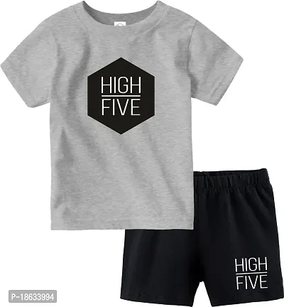 Stylish Cotton Grey Printed Round Neck Short Sleeves T-shirt With Shorts For Boys