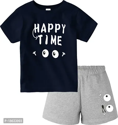 Stylish Cotton Black Printed Round Neck Short Sleeves T-shirt With Shorts For Boys