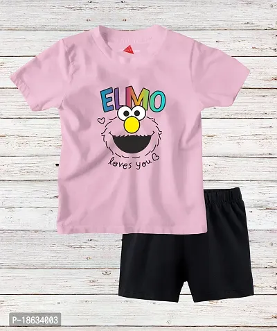Stylish Cotton Pink Printed Round Neck Short Sleeves T-shirt With Shorts For Boys