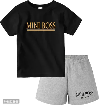 Stylish Cotton Black Printed Round Neck Short Sleeves T-shirt With Shorts For Boys