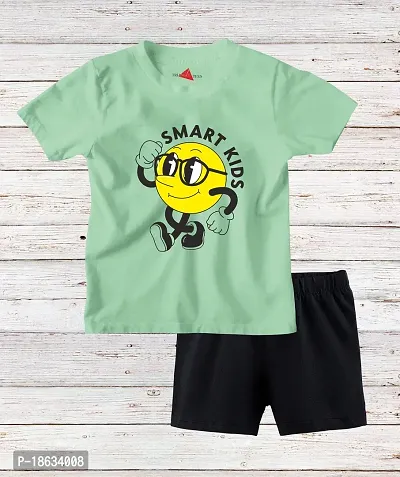 Stylish Cotton Green Printed Round Neck Short Sleeves T-shirt With Shorts For Boys