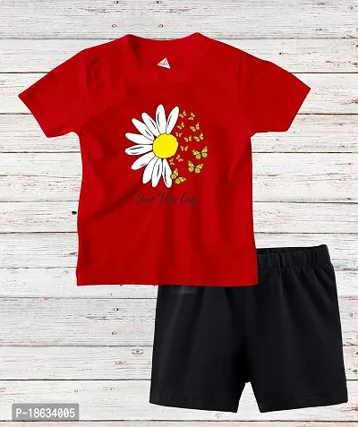 Stylish Cotton Red Printed Round Neck Short Sleeves T-shirt With Shorts For Boys
