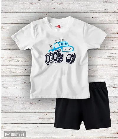 Stylish Cotton White Printed Round Neck Short Sleeves T-shirt With Shorts For Boys