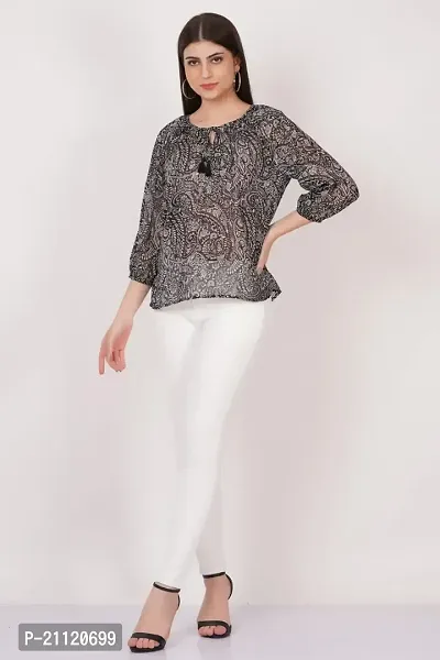 Women's Tops Black and White Dot Printed with Frill Neck and Tie, Full Sleeve