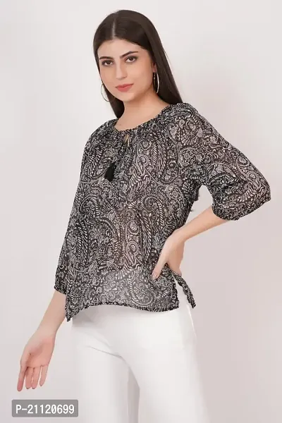 Women's Tops Black and White Dot Printed with Frill Neck and Tie, Full Sleeve-thumb2