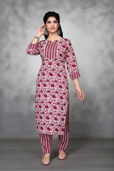 Stylish Cotton Printed A-Line Kurtis With Bottom Set