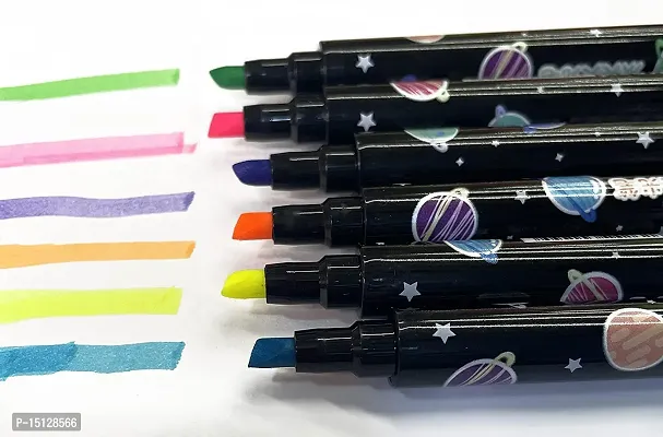 Space Theme Double Tip Highlighters|Set Of 6 Double Sided Pens|Fine Grip Marker|Thin  Thick Tip|2In1|Chisel Tip|Smudge Proof  Quick Dry|Ideal Gift For Kids-Assorted