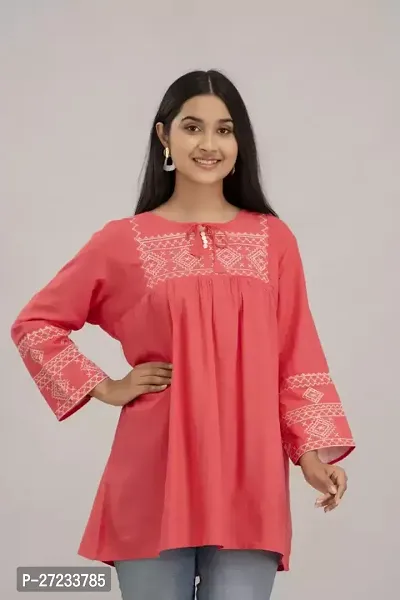 Elegant Peach Cotton Blend Embroidered Tunic For Women-thumb0