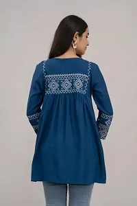 Elegant Teal Cotton Blend Embroidered Tunic For Women-thumb1