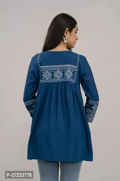 Elegant Teal Cotton Blend Embroidered Tunic For Women-thumb2