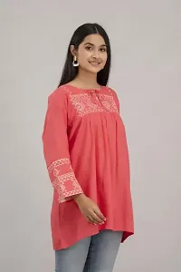 Elegant Peach Cotton Blend Embroidered Tunic For Women-thumb2