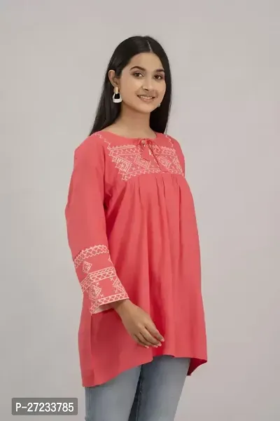 Elegant Peach Cotton Blend Embroidered Tunic For Women-thumb3