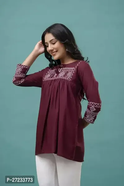 Elegant Maroon Cotton Blend Embroidered Tunic For Women