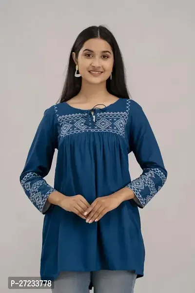 Elegant Teal Cotton Blend Embroidered Tunic For Women-thumb0