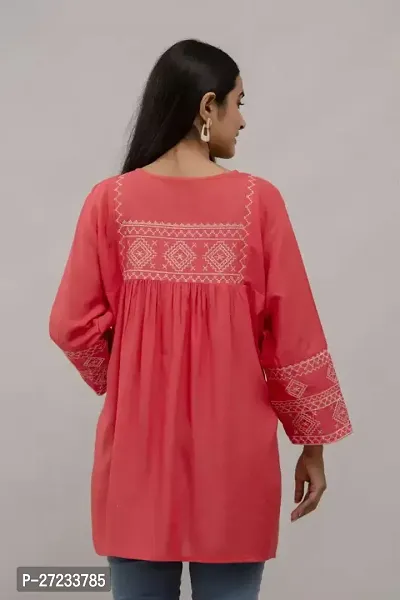 Elegant Peach Cotton Blend Embroidered Tunic For Women-thumb2