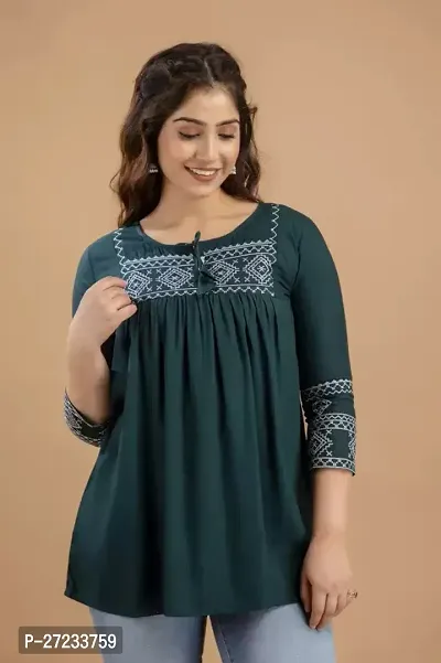 Elegant Green Cotton Blend Embroidered Tunic For Women-thumb0