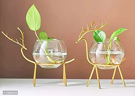 India Glass Planter Holder Deer |Glass Pot| Glass Flower Pot| Glass Flower Round Vase Handmade for Decorate House(Gold)-thumb0