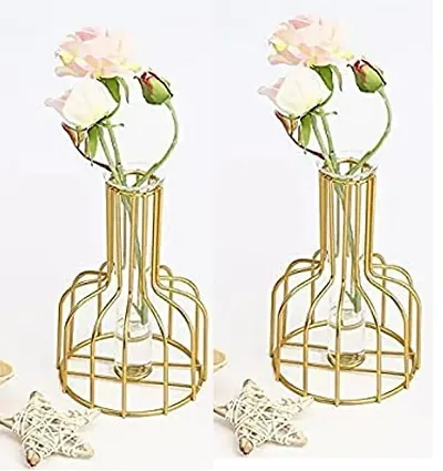 Glass Propagation Station with Metal Frame, Test Tube Vase for Flower Decoration Gold vase 6In (Pack of 2)