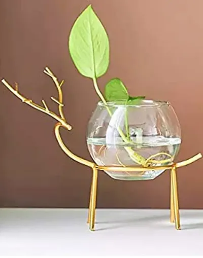 India Glass Planter Holder Deer |Glass Pot| Glass Flower Pot| Glass Flower Round Vase Handmade for Decorate House (Set of 2) (Gold)