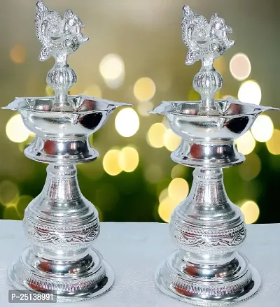 Sigaram 7X3 Inch Diya Made By Pure German Silver For Home Pooja Decor K4239 Silver Plated (Pack of 2) Table Diya Set-thumb4