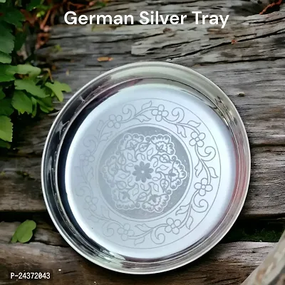 Sigaram German Silver 9 Inch Floral Designed Plate With Stand for Home Pooja Decor K2369 Silver Plated-thumb3