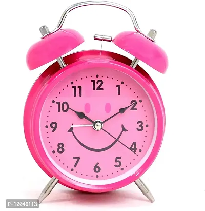 Sigaram Smily Metal Twin Bell Analogue Battery Operated Heart-Eyes Smiling Smiley Alarm Clock for Bedroom Living Room Heavy Sleepers Kids - Pink-thumb0