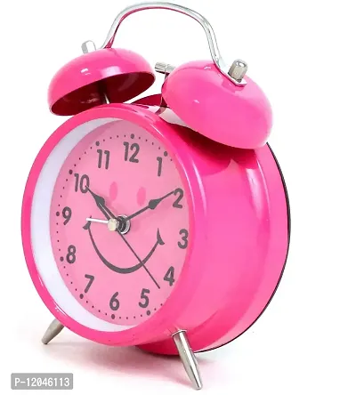 Sigaram Smily Metal Twin Bell Analogue Battery Operated Heart-Eyes Smiling Smiley Alarm Clock for Bedroom Living Room Heavy Sleepers Kids - Pink-thumb2