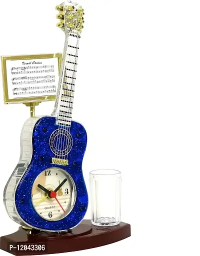 Sigaram Analog Table Clock with Alarm| Guitar Shape Blue Color| Table Clock for Living Room Bedroom Office Gift Clock| Designer Clock-thumb2