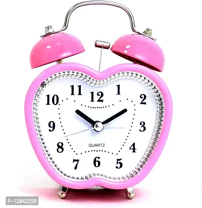 Sigaram Apple Shaped Metal Twin Bell Analogue Battery Operated Heart-Eyes Smiling Smiley Alarm Clock for Bedroom Living Room Heavy Sleepers Kids - Pink-thumb0