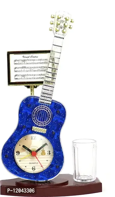 Sigaram Analog Table Clock with Alarm| Guitar Shape Blue Color| Table Clock for Living Room Bedroom Office Gift Clock| Designer Clock