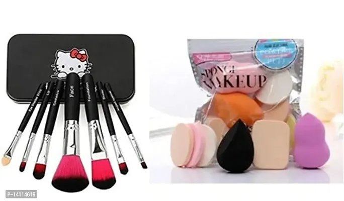 Stylish Fancy Makeup Brush Set Of 7 With Storage Box With Sponge Puff (Colour May Vary) (Black) For Women And Girls