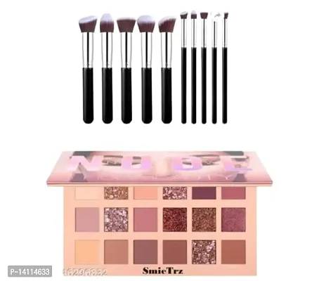 Stylish Fancy Eyeshadow And 10 Pcs Makeup Brush Set For Blending. For Women And Girls-thumb0