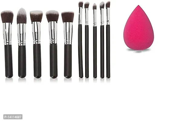 Stylish Fancy Tyagirl10 Black Light Weight Makeup Brushes Set And 1 Pink Beauty Blender Makeup Sponge - (Pack Of 11) For Women And Girls
