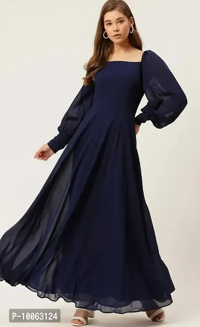 Attractive Flared Navy Blue Solid Georgette Anarkali Gown For Women