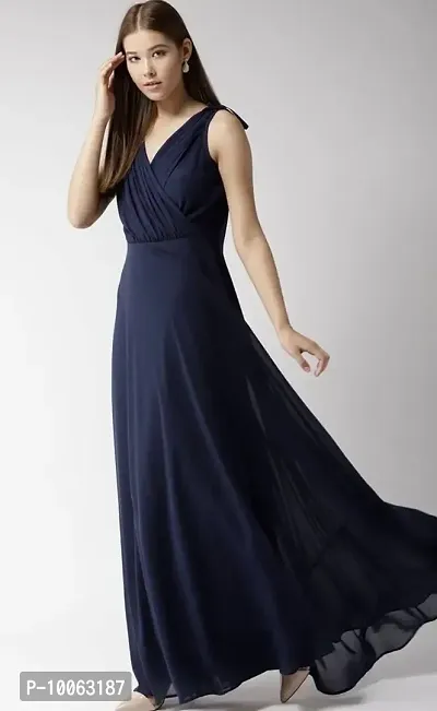 Stylish Georgette Navy Blue Shoulder Strap Sleeveless Fit And Flare Maxi Gown For Women-thumb3