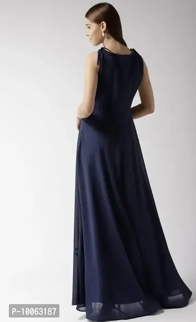 Stylish Georgette Navy Blue Shoulder Strap Sleeveless Fit And Flare Maxi Gown For Women-thumb2