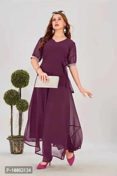 Stylish Georgette Purple Asymmetric Short Sleeve Gown For Women-thumb0