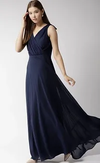 Stylish Georgette Navy Blue Shoulder Strap Sleeveless Fit And Flare Maxi Gown For Women-thumb2