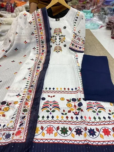 Beautiful Muslin Handwork in neck Sequence Work Kurta Bottom with Dupatta Set