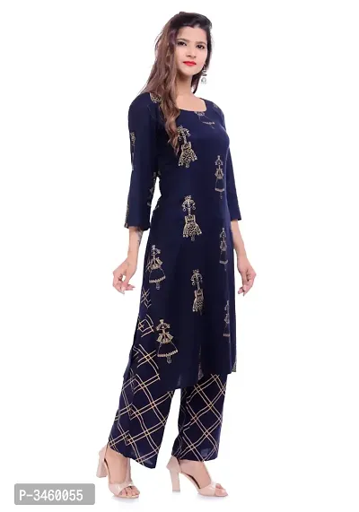 Stylish Navy Blue Rayon Printed Kurta And Palazzo Set-thumb4