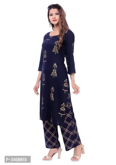 Stylish Navy Blue Rayon Printed Kurta And Palazzo Set-thumb5