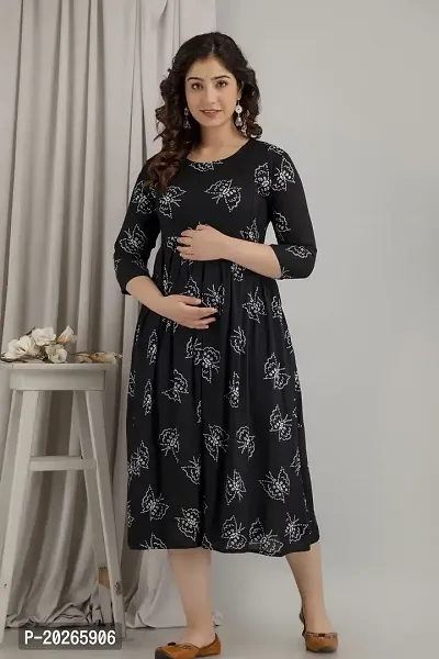 Elegant Black Printed Rayon Maternity Kurta For Women
