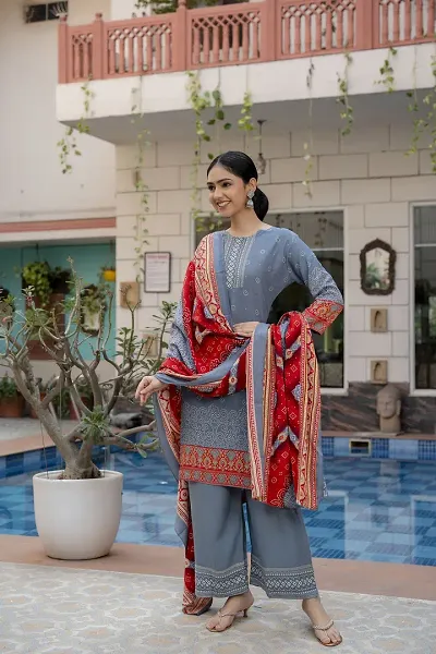 Stylish Viscose Rayon Straight Printed Kurta with Bottom And Dupatta Set