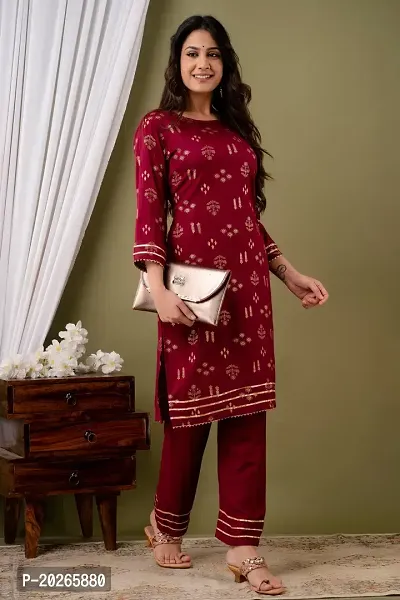 Elegant Maroon Printed Viscose Rayon Kurta with Pant Set For Women-thumb0