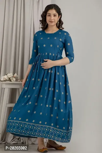 Elegant Teal Printed Rayon Maternity Kurta For Women-thumb0