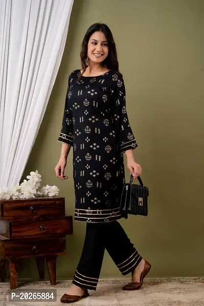 Elegant Black Printed Viscose Rayon Kurta with Pant Set For Women