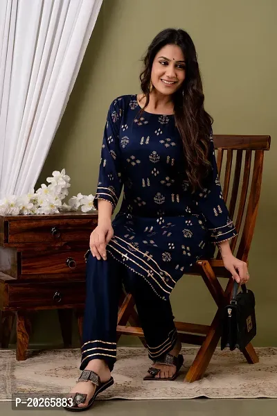 Elegant Blue Printed Viscose Rayon Kurta with Pant Set For Women