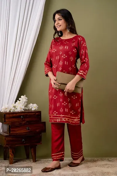 Elegant Red Printed Viscose Rayon Kurta with Pant Set For Women